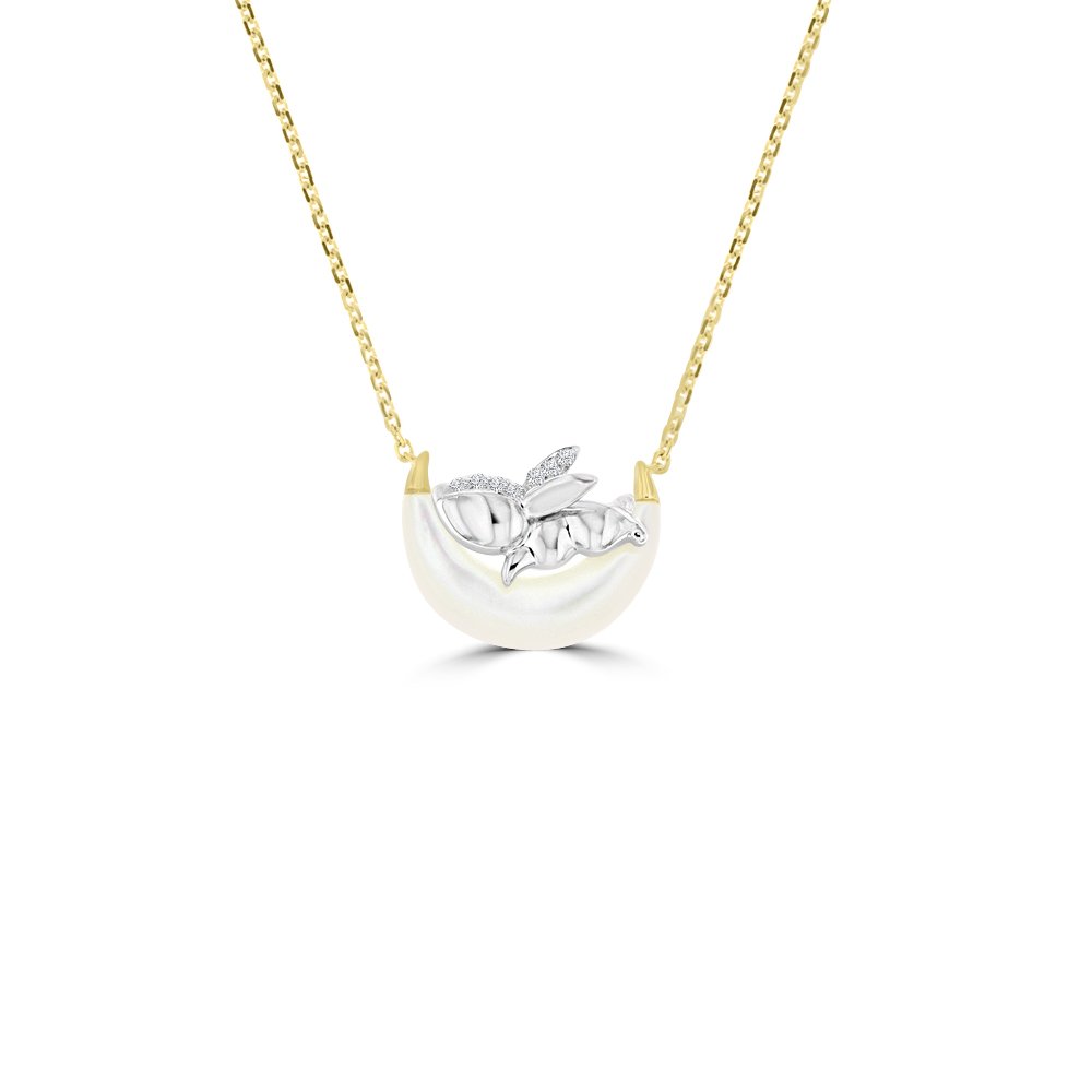 Mother of Pearl Diamond Moon Bunny Pendant with Chain in 18K White Gold, 18K Yellow Gold
