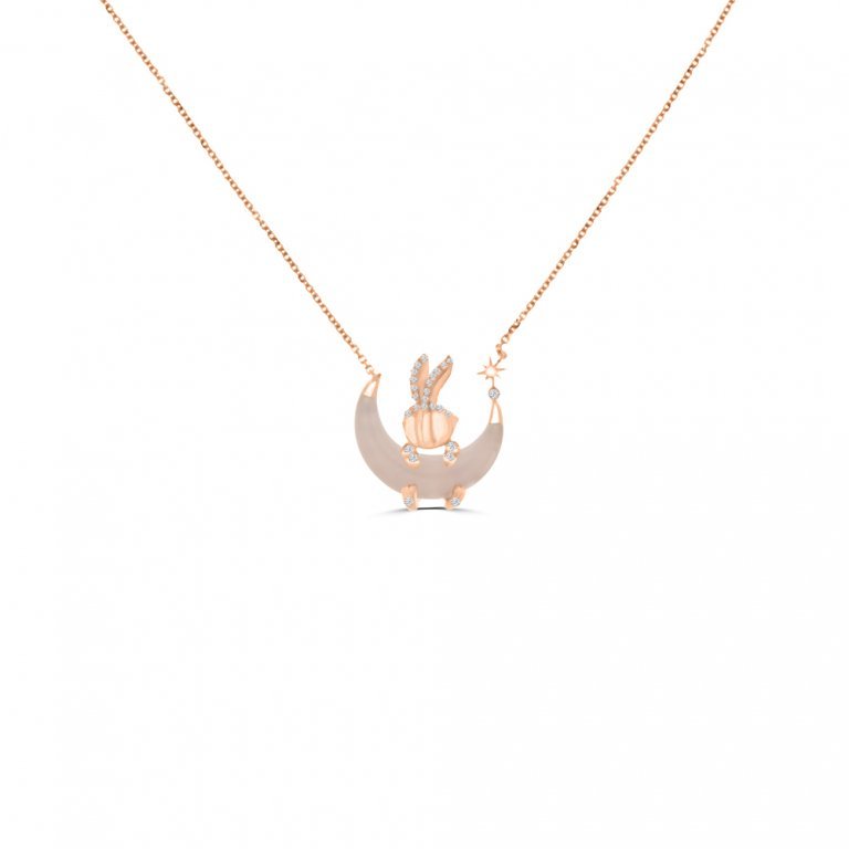 Rose Quartz Diamond Moon Bunny Pendant with Chain in 18K Rose Gold