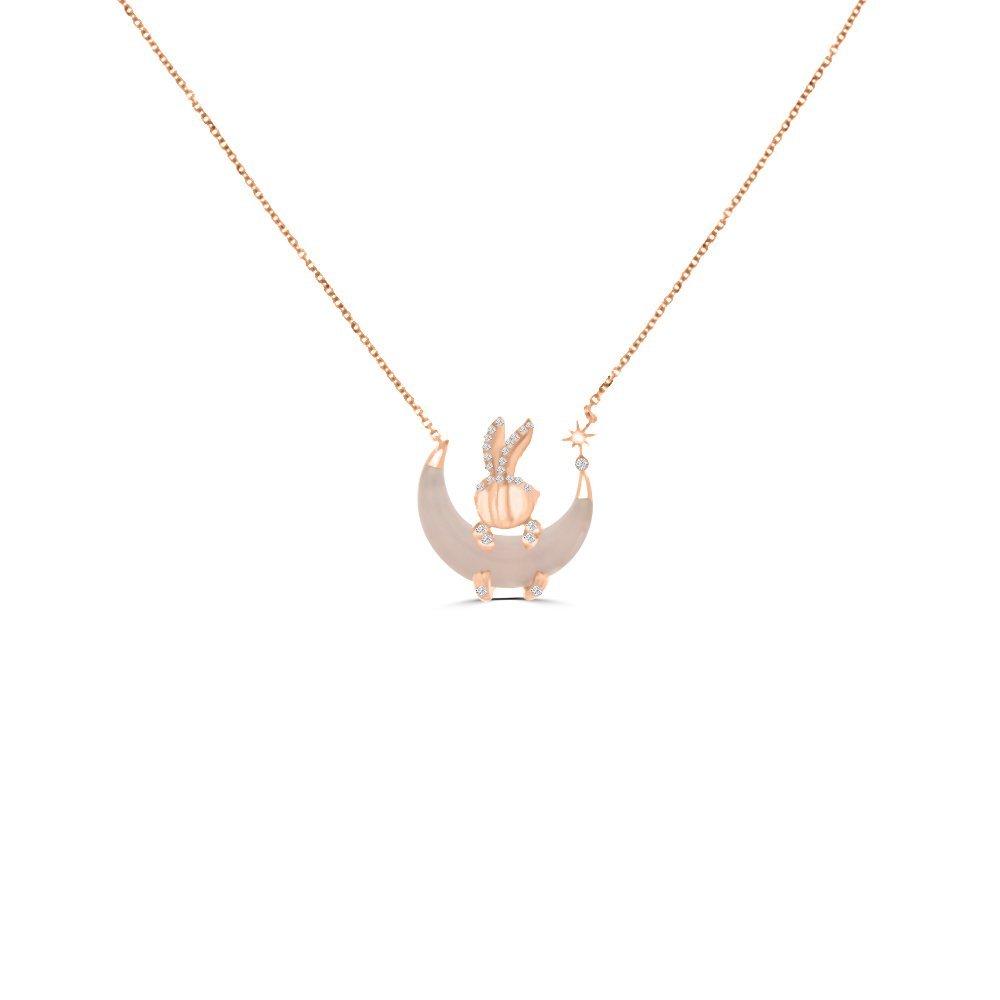 Rose Quartz Diamond Moon Bunny Pendant with Chain in 18K Rose Gold
