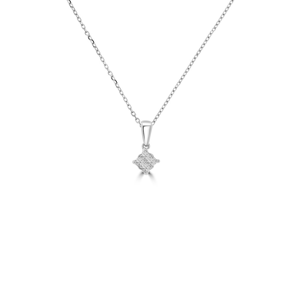 Diamond Princess Cut Cluster Pendant with Chain (S) in 18K White Gold