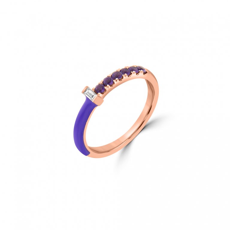 Amethyst Baguette Diamond Enamel Stackable Ring in 18K Rose Gold