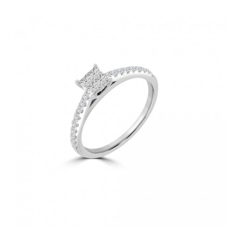 Diamond Princess Cut Cluster Pavé Ring (S) in 18K White Gold