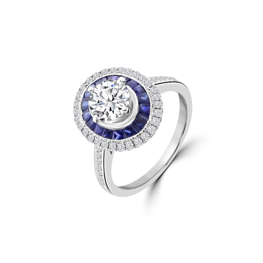Sapphire Diamond Oval Double Halo Engagement Ring