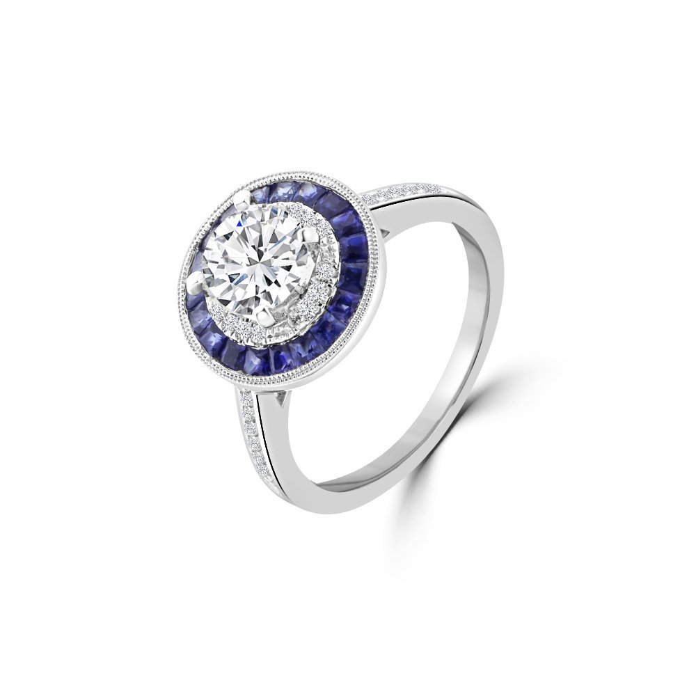 Sapphire Diamond Round Double Halo Engagement Ring
