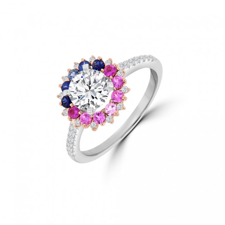 Rainbow Sapphire Diamond Round Halo Engagement Ring in 18K White Gold, 18K Rose Gold