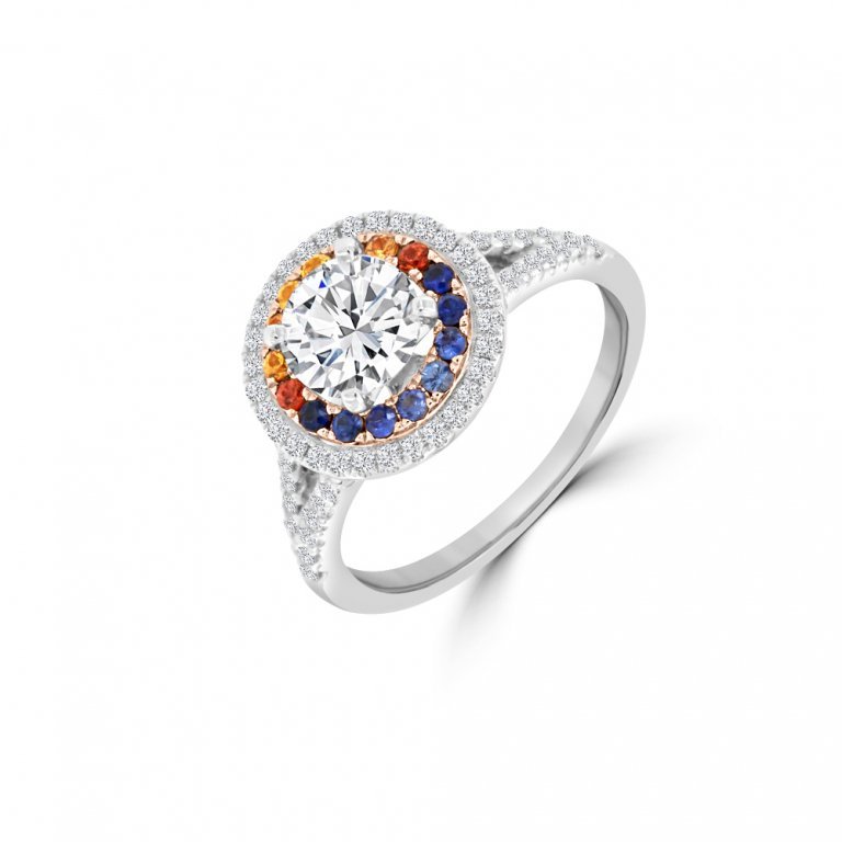 Rainbow Sapphire Diamond Double Halo Engagement Ring in 18K White Gold, 18K Rose Gold
