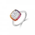 Rainbow Sapphire Diamond Cushion Halo Engagement Ring in 18K White Gold, 18K Rose Gold