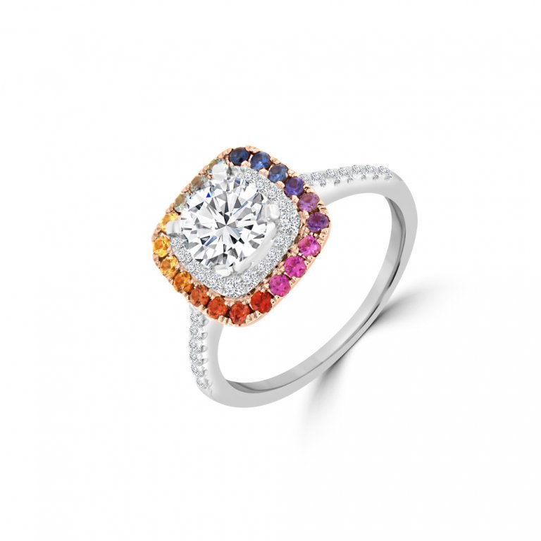 Rainbow Sapphire Diamond Cushion Halo Engagement Ring in 18K White Gold, 18K Rose Gold