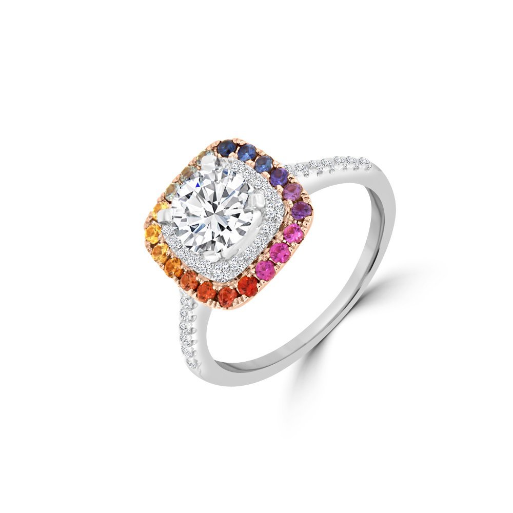 Rainbow Sapphire Diamond Cushion Halo Engagement Ring in 18K White Gold, 18K Rose Gold