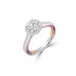 Hidden Rainbow Sapphire Diamond Halo Engagement Ring in 18K White Gold, 18K Rose Gold