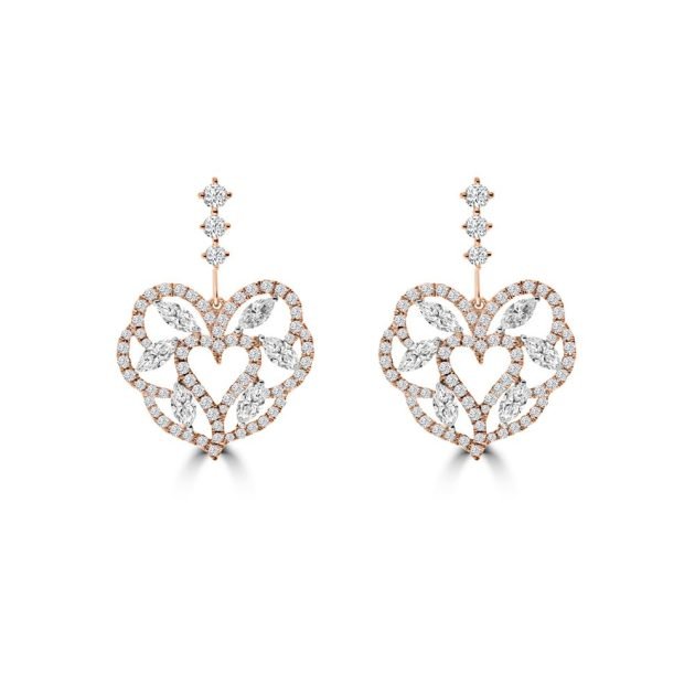 Wholesale Fine Jewellery 7 Marquise Diamond Heart Lace Drop Earrings in 18K White Gold, 18K Rose Gold