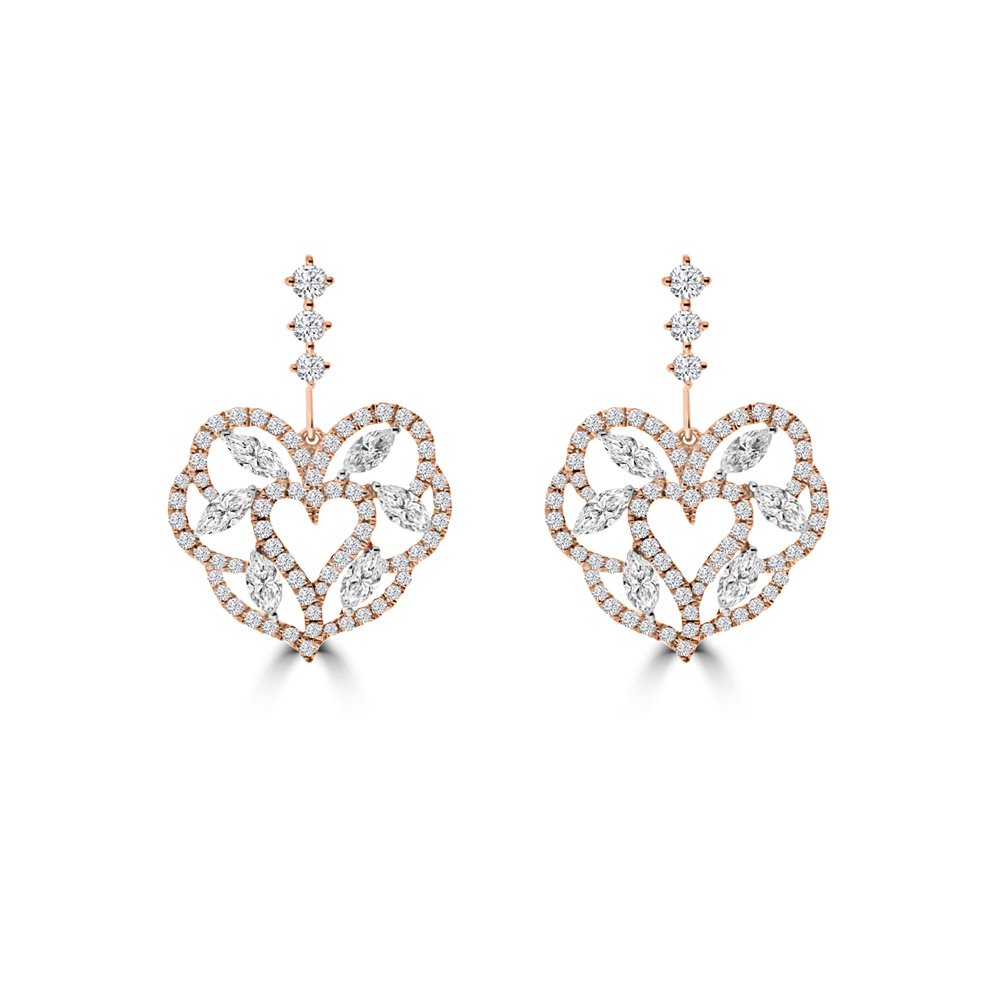 Marquise Diamond Heart Lace Drop Earrings in 18K White Gold, 18K Rose Gold