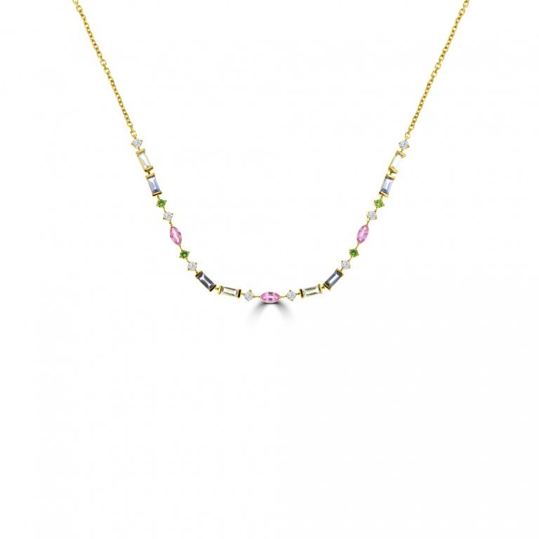 Multi Sapphire Aquamarine Green Garnet Diamond Necklace in 18K Yellow Gold