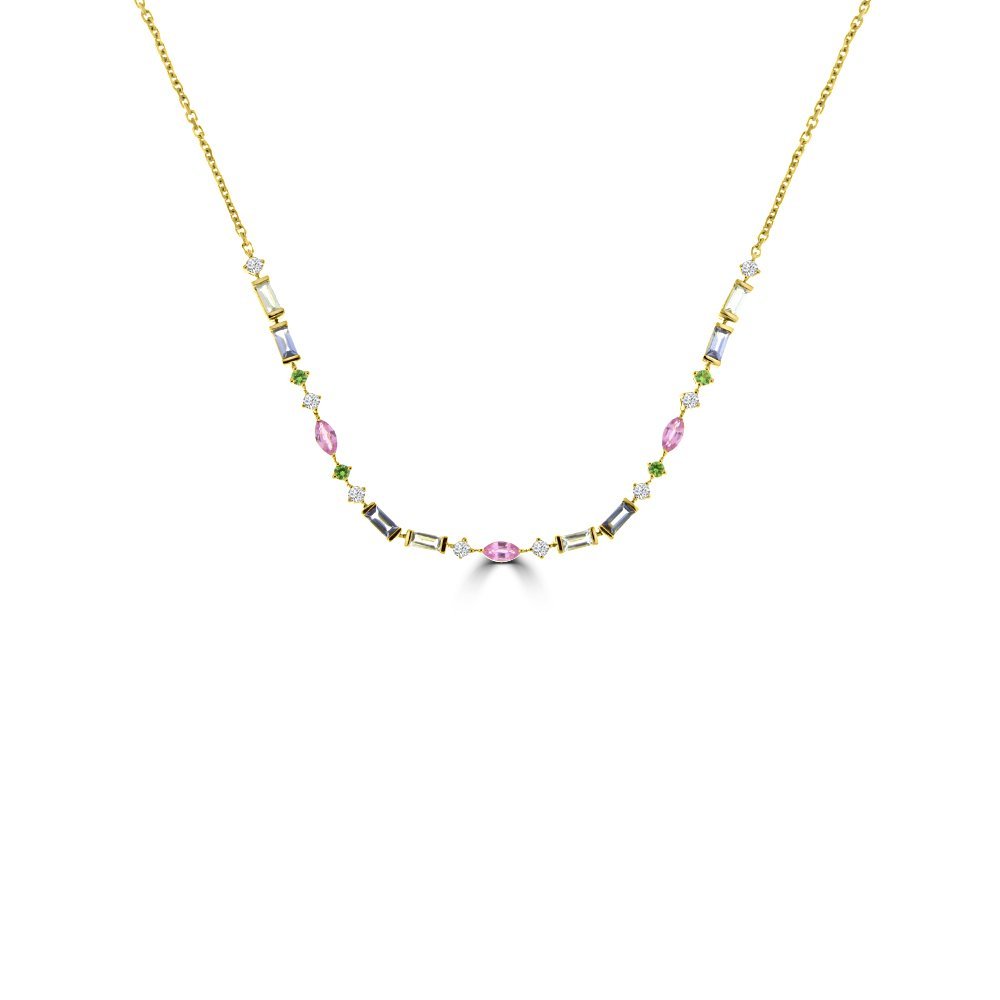 Multi Sapphire Aquamarine Green Garnet Diamond Necklace in 18K Yellow Gold