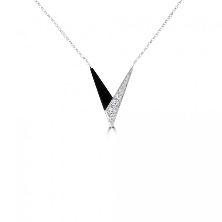 Black Agate Diamond V-Shaped Pendant with Chain in 18K White Gold