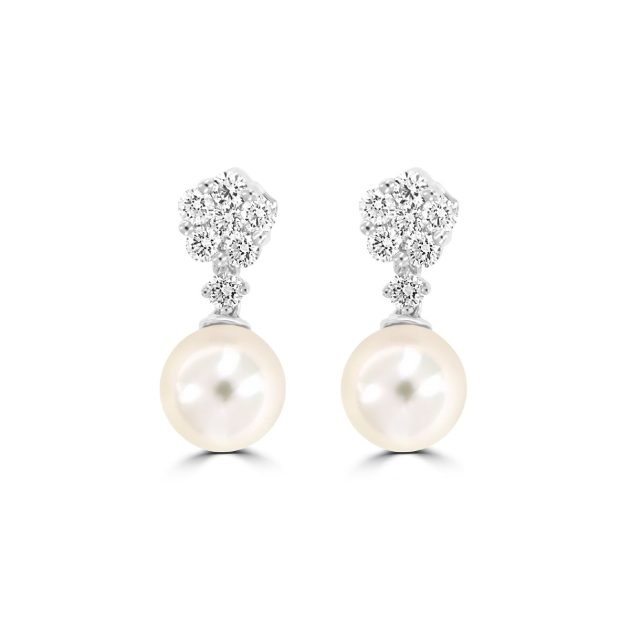 Wholesale Fine Jewellery 5 Akoya Pearl Diamond Floral Drop Earrings in 18K White Gold