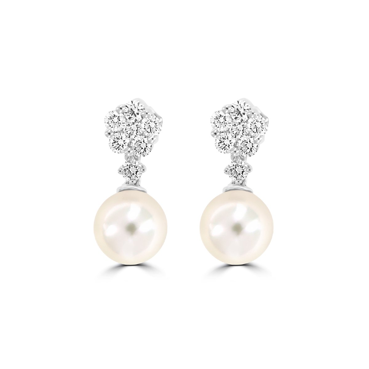 Akoya Pearl Diamond Floral Drop Earrings in 18K White Gold