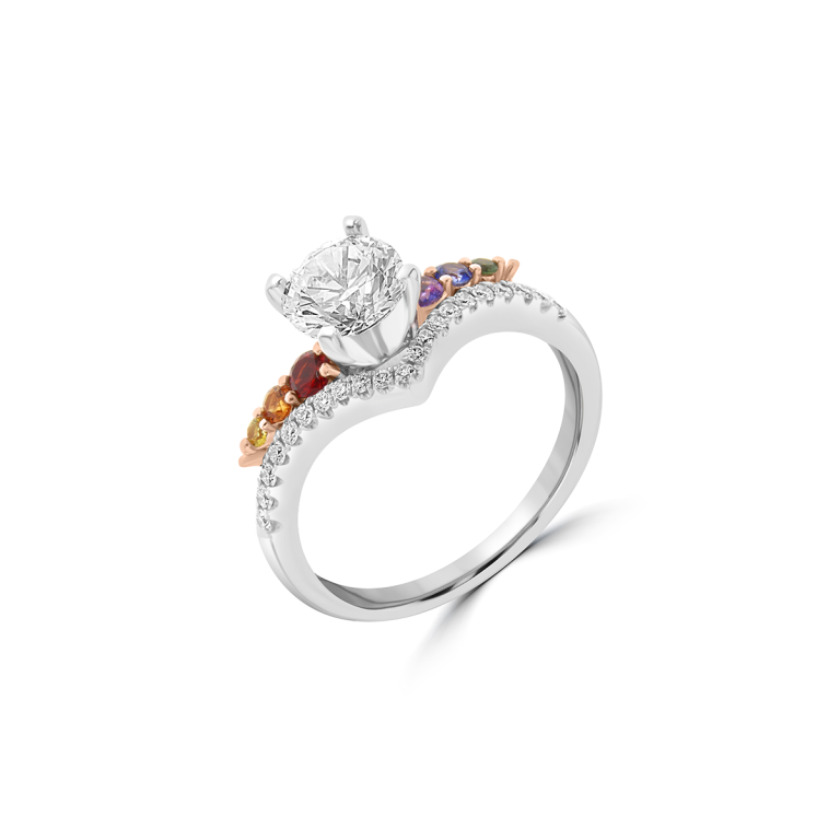 Rainbow Sapphire Diamond V Shaped Engagement Ring in 18K White Gold, 18K Rose Gold