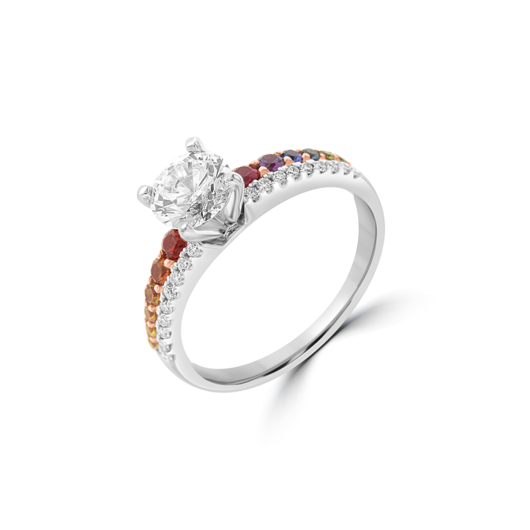 Rainbow Sapphire Diamond Double Row Engagement Ring in 18K White Gold, 18K Rose Gold