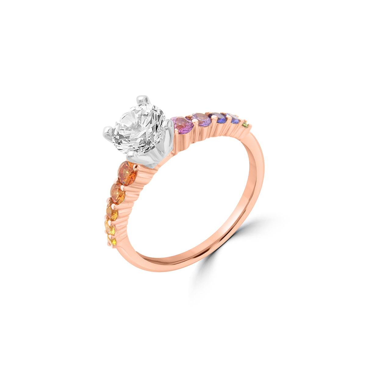 Graduated Rainbow Sapphire Shared Prong Engagement Ring in 18K White Gold, 18K Rose Gold