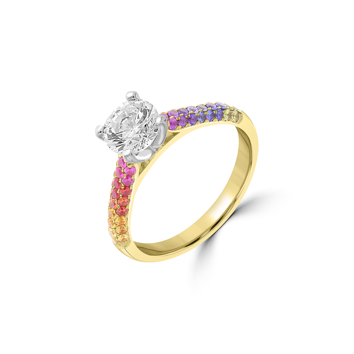 Rainbow Sapphire Three Row Pavé Engagement Ring