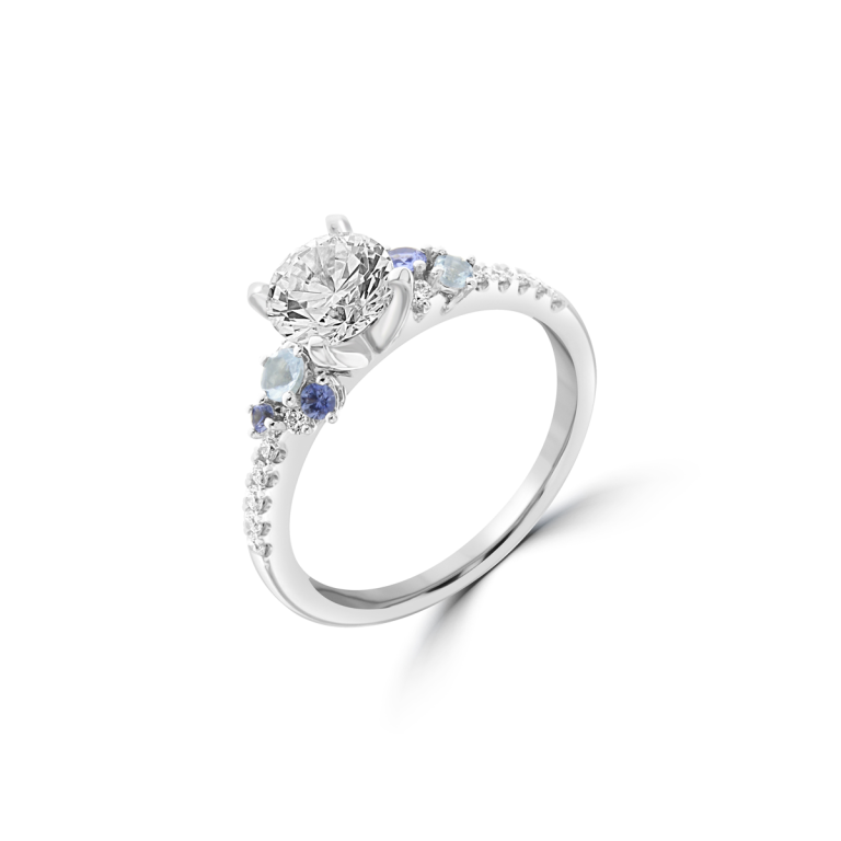 Aquamarine Sapphire Diamond Side Cluster Engagement Ring in 18K White Gold