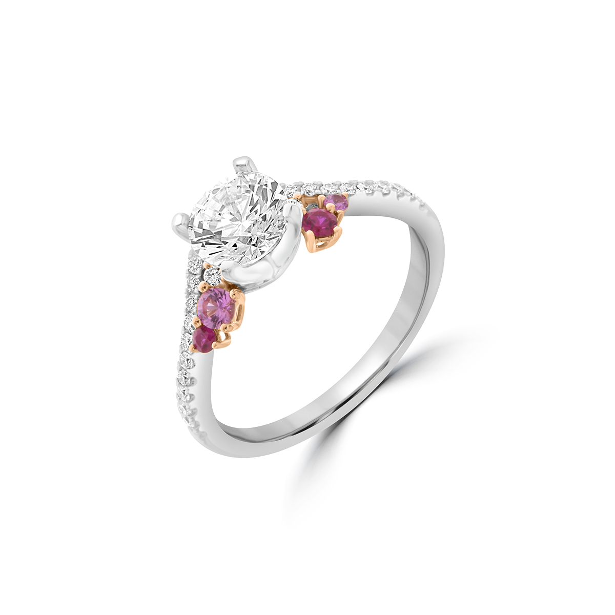 Pink Sapphire Ruby Diamond Side Cluster Engagement Ring in 18K White Gold, 18K Rose Gold