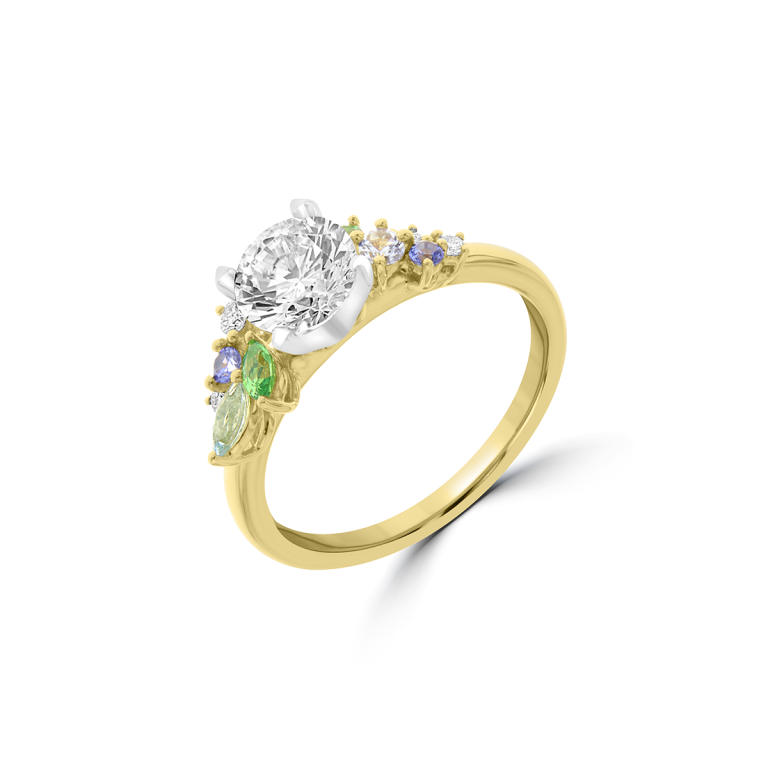 Aquamarine Green Garnet Sapphire Diamond Side Cluster Engagement Ring in 18K White Gold, 18K Yellow Gold