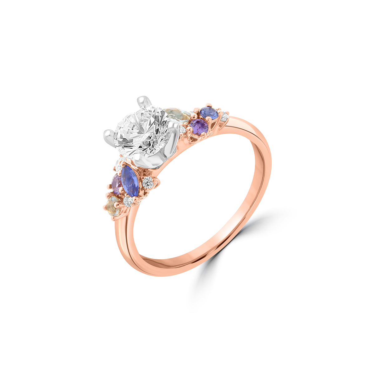 Aquamarine Sapphire Purple Sapphire Diamond Side Cluster Engagement Ring