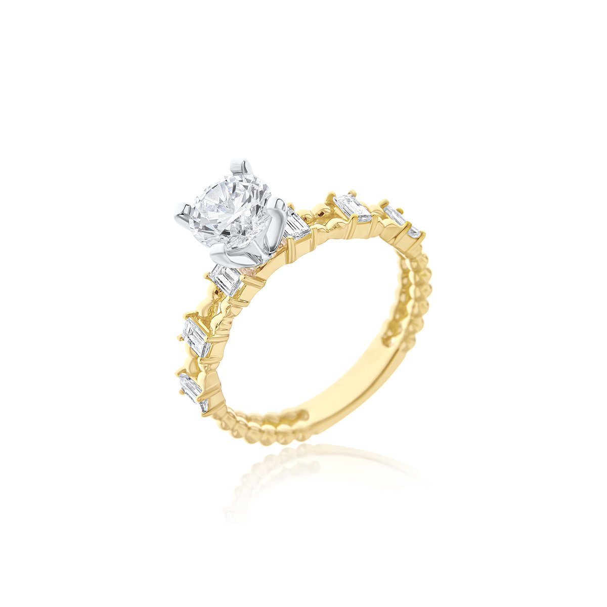 Baguette Diamond Double Row Beaded Engagement Ring