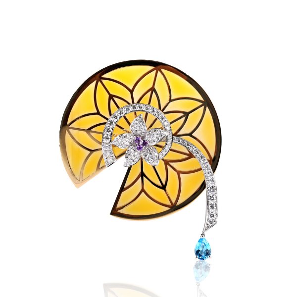 Enamel Amethyst Blue Topaz Green Garnet Diamond Brooch - Afternoon Tea - Fine Jewellery Reimaged
