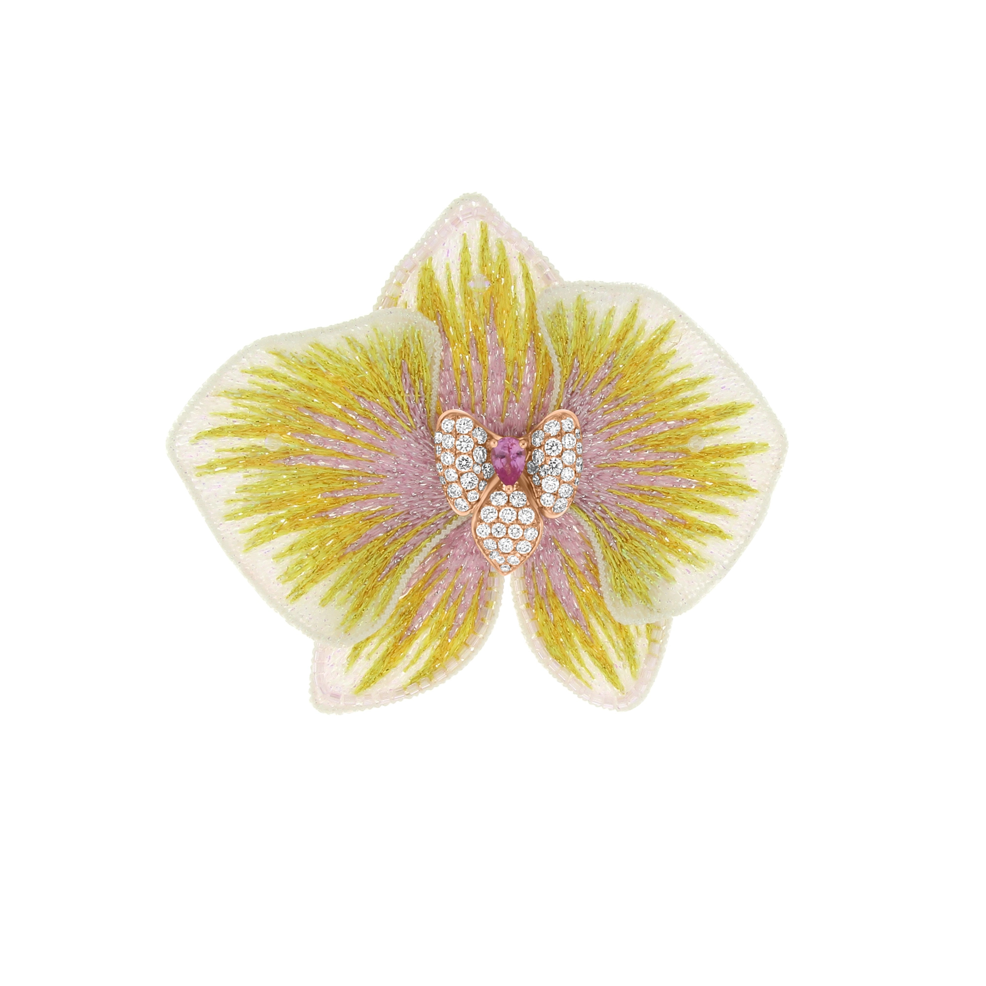 Pink Sapphire Diamond Embroidered Orchid Flower Brooch (L)