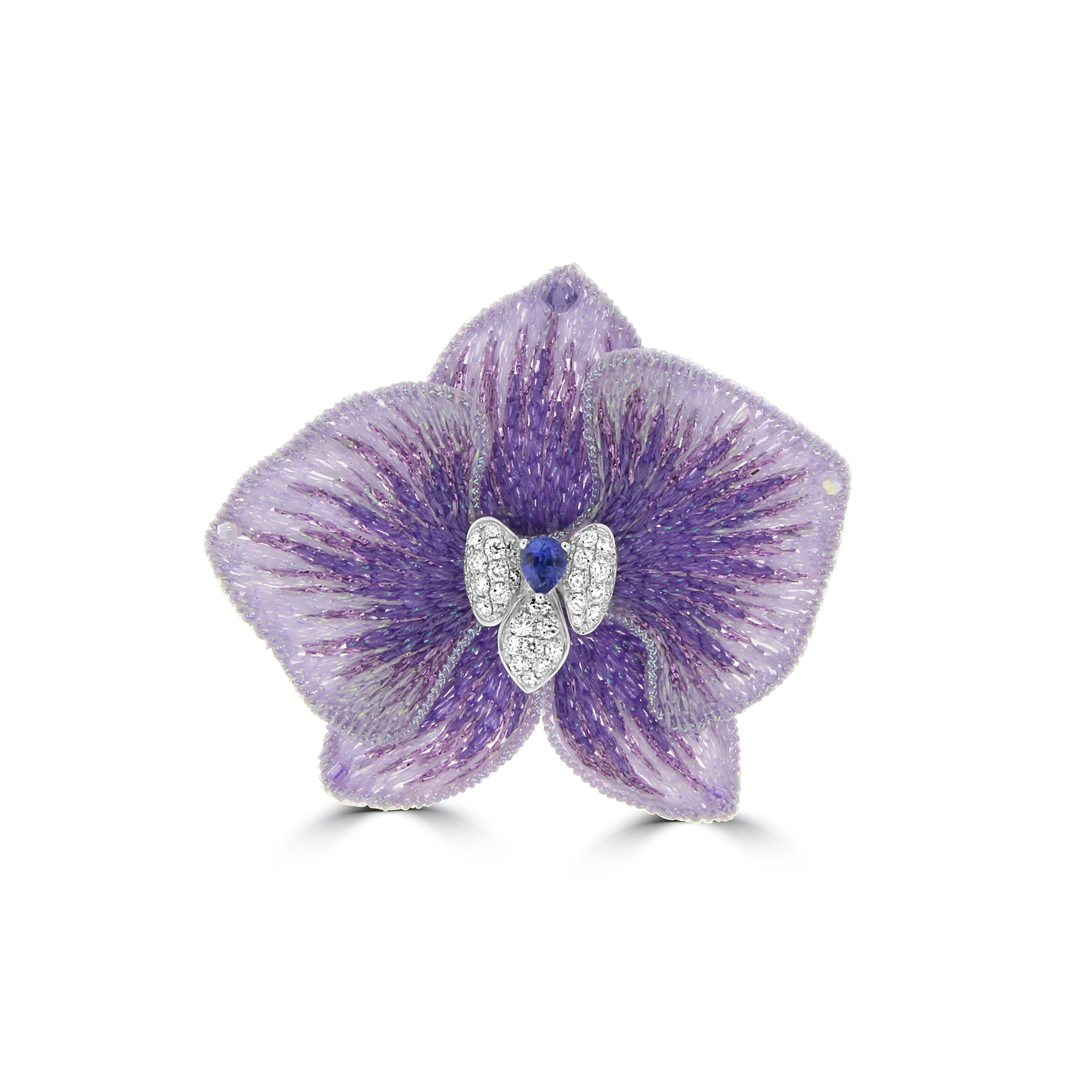 Sapphire Diamond Embroidered Orchid Flower Brooch (S) in 18K White Gold