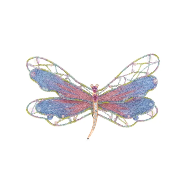 藍寶石:歷史、象徵意義等 5 Pink Sapphire Diamond Embroidered Dragonfly Brooch (S) in 18K White Gold, 18K Rose Gold