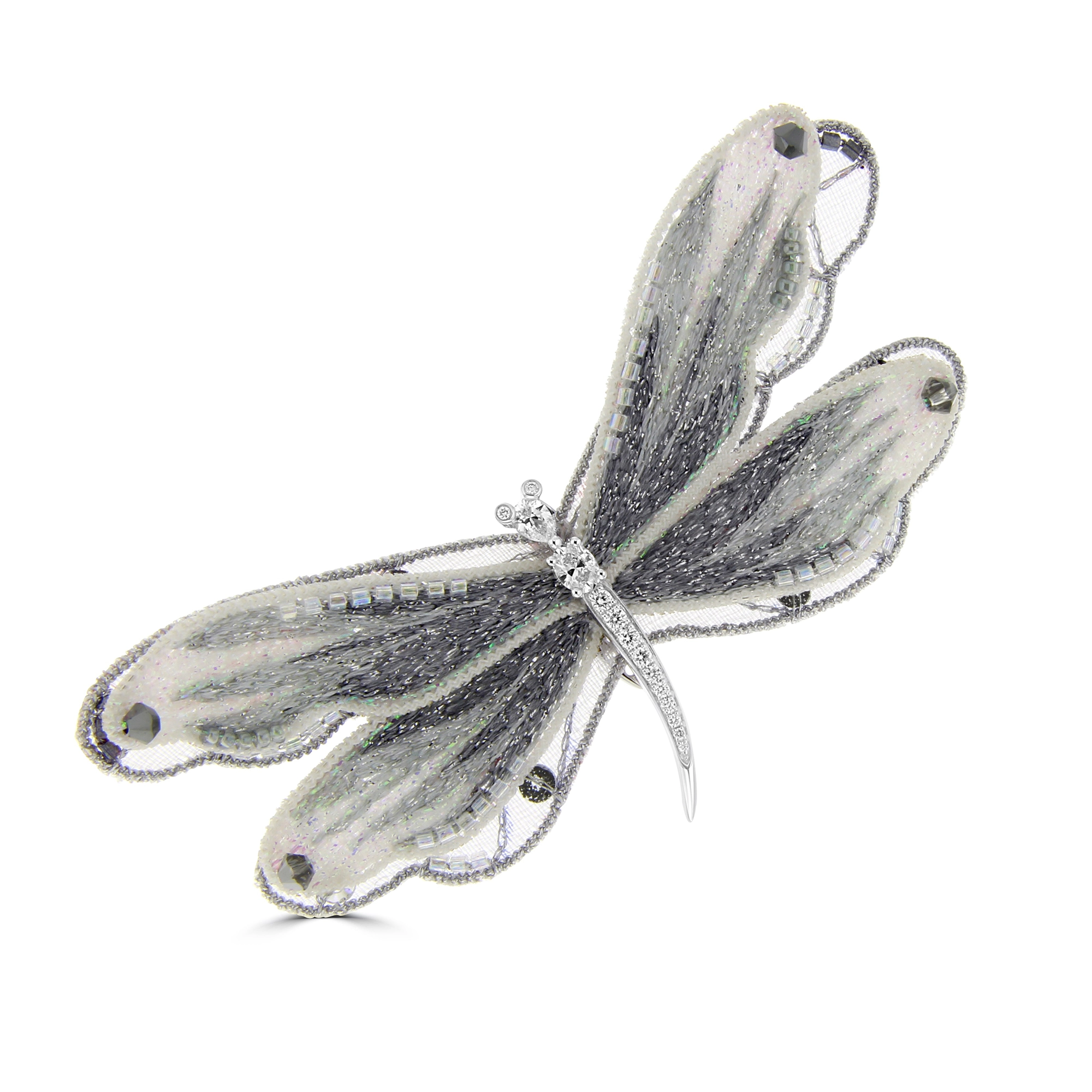 Diamond Embroidered Dragonfly Brooch (S) in 18K White Gold