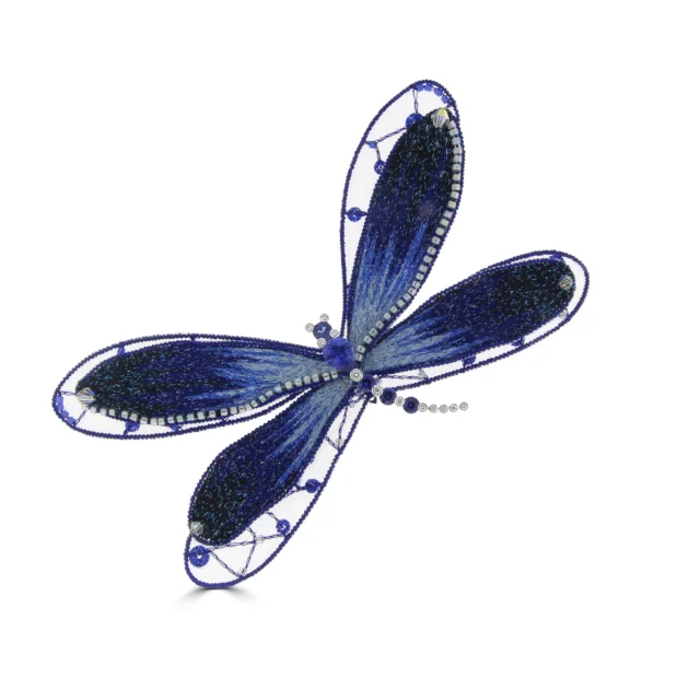 Wholesale Fine Jewellery 11 Sapphire Diamond Embroidered Dragonfly Brooch (L) in 18K White Gold