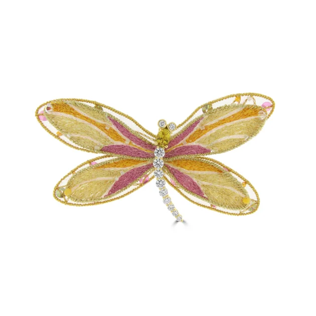 Wholesale Fine Jewellery 10 Yellow Sapphire Diamond Embroidered Dragonfly Brooch (S) in 18K White Gold, 18K Yellow Gold