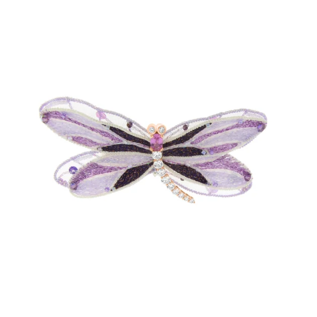 Wholesale Fine Jewellery 9 Pink Sapphire Diamond Embroidered Dragonfly Brooch (S) in 18K White Gold, 18K Rose Gold
